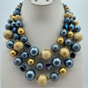 Vintage Japan Blue & Gold Beaded Multi-Strand Necklace